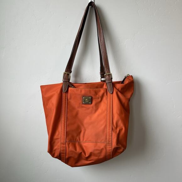 Lauren Ralph Lauren Handbags - Ralph Lauren Bright Orange Leather Straps Nylon Tote Purse Bag Gold
